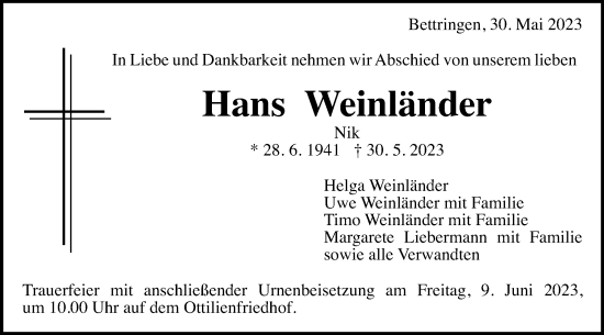 Traueranzeige von Hans Weinländer