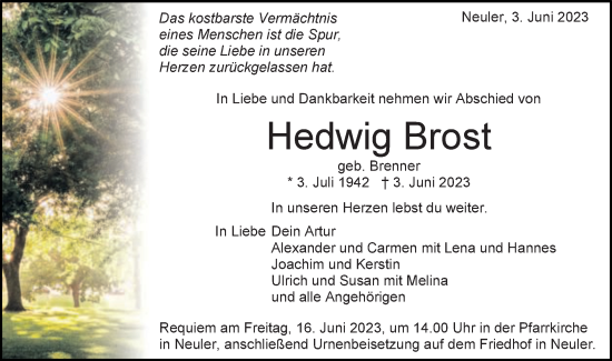 Traueranzeige von Hedwig Brost