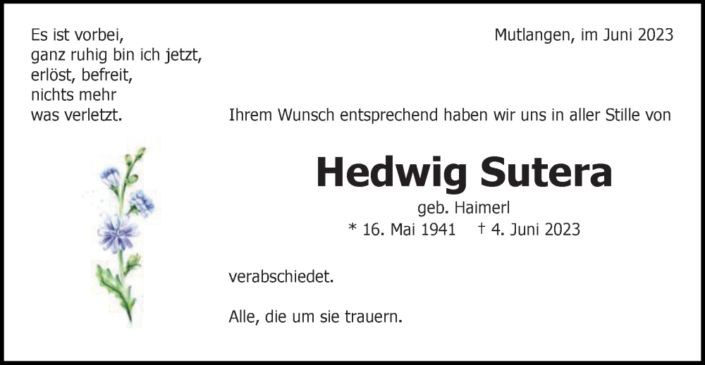  Traueranzeige für Hedwig Sutera vom 30.06.2023 aus Gmünder Tagespost