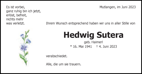 Traueranzeige von Hedwig Sutera von Gmünder Tagespost