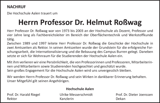 Traueranzeige von Helmut Roßwag von Schwäbische Post
