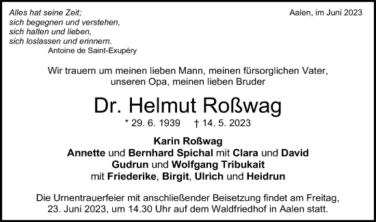 Traueranzeige von Helmut Roßwag von Schwäbische Post