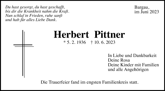 Traueranzeige von Herbert Pittner von Gmünder Tagespost