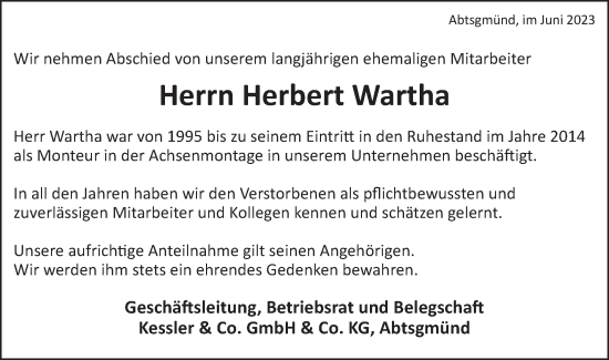 Traueranzeige von Herbert Wartha von Schwäbische Post