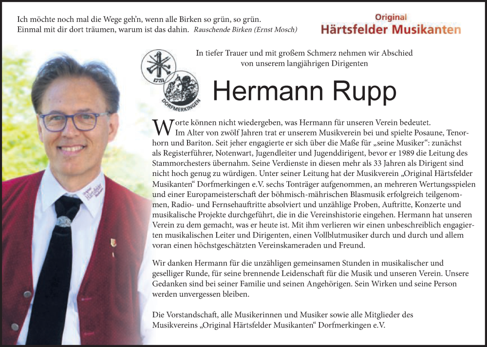 Traueranzeige für Hermann Rupp vom 17.06.2023 aus Schwäbische Post