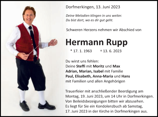 Traueranzeige von Hermann Rupp von Schwäbische Post