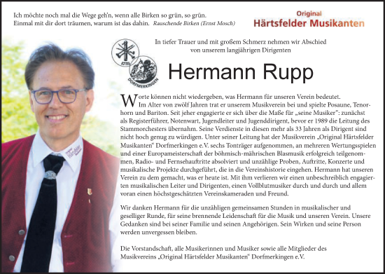 Traueranzeige von Hermann Rupp von Schwäbische Post