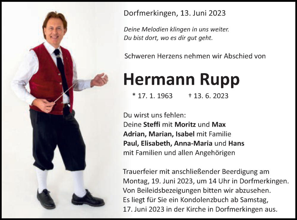  Traueranzeige für Hermann Rupp vom 16.06.2023 aus Schwäbische Post