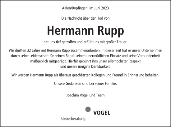 Traueranzeige von Hermann Rupp von Schwäbische Post