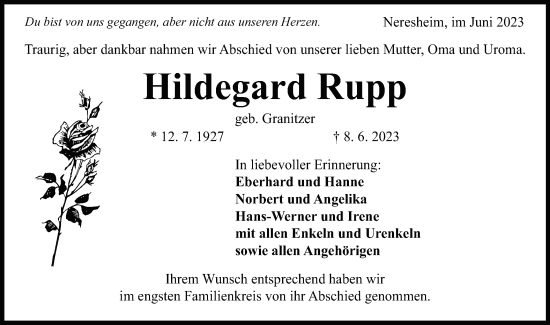 Traueranzeige von Hildegard Rupp von Schwäbische Post