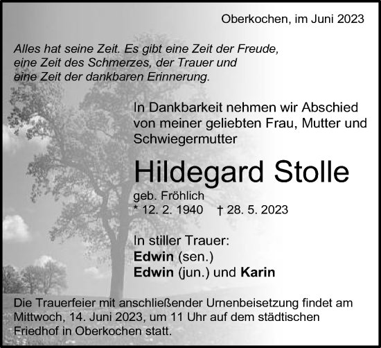 Traueranzeige von Hildegard Stolle von Schwäbische Post