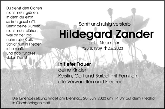 Traueranzeige von Hildegard Zander von Gmünder Tagespost