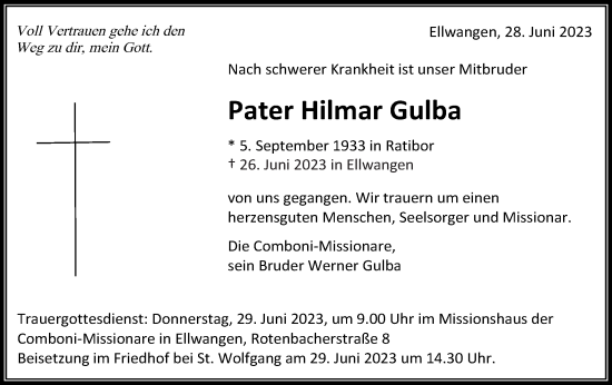 Traueranzeige von Hilmar Gulba von Schwäbische Post