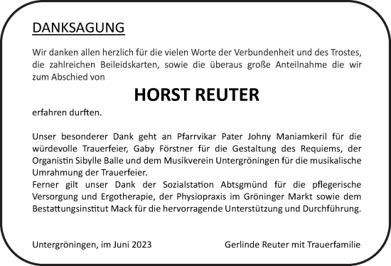 Traueranzeige von Horst Reuter von Kocher-Lein-Bote