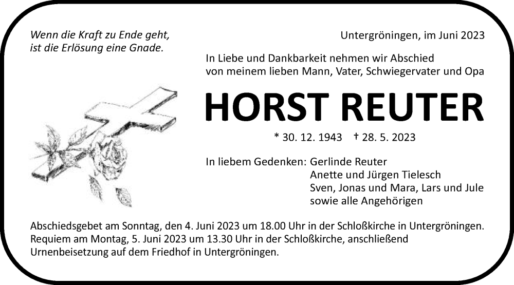  Traueranzeige für Horst Reuter vom 02.06.2023 aus Kocher-Lein-Bote