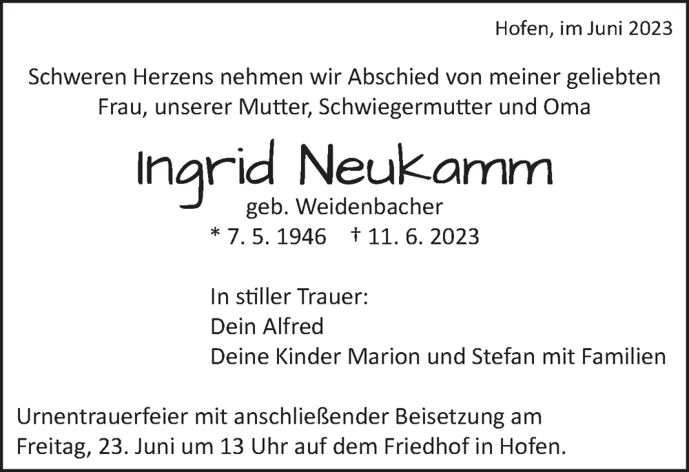  Traueranzeige für Ingrid Neukamm vom 19.06.2023 aus Schwäbische Post