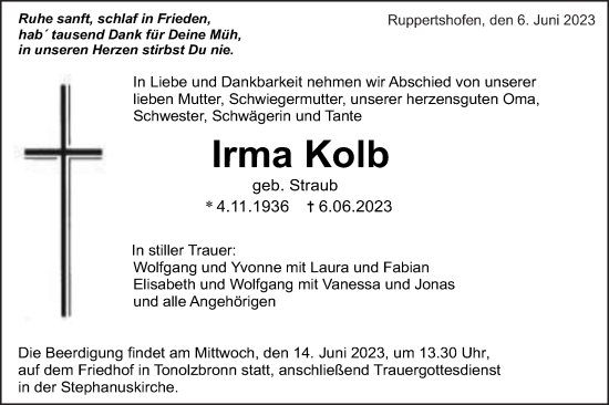 Traueranzeige von Irma Kolb von Gmünder Tagespost