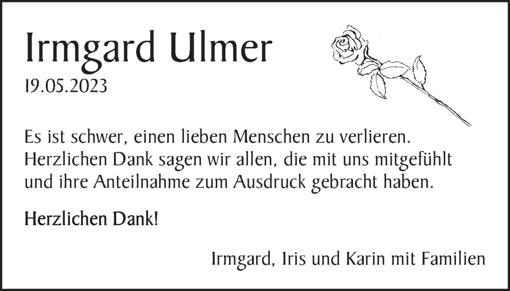  Traueranzeige für Irmgard Ulmer vom 06.06.2023 aus Schwäbische Post
