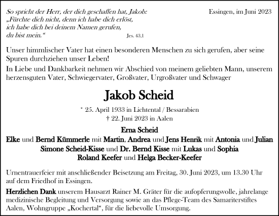 Traueranzeige von Jakob Scheid von Schwäbische Post
