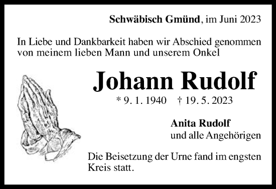 Traueranzeige von Johann Rudolf von Gmünder Tagespost