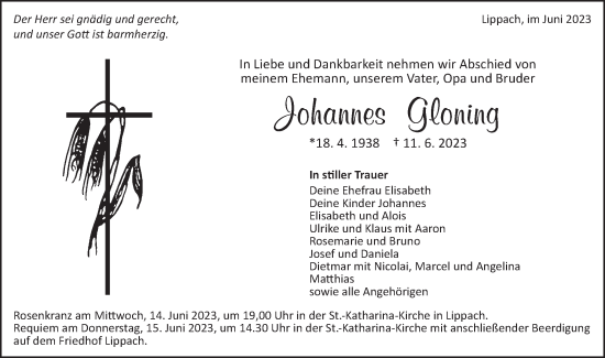 Traueranzeige von Johannes Gloning von Schwäbische Post