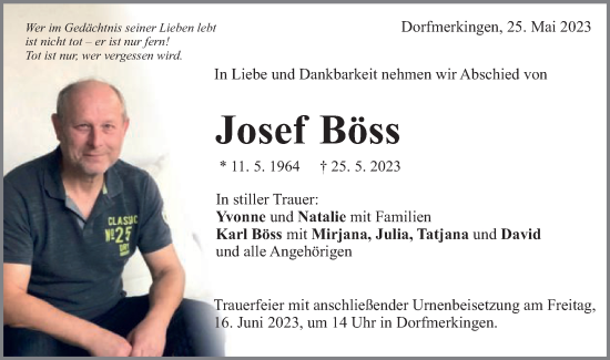 Traueranzeige von Josef Böss von Schwäbische Post