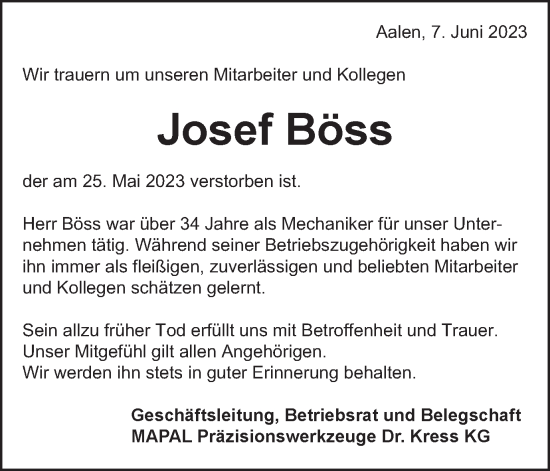 Traueranzeige von Josef Böss von Schwäbische Post