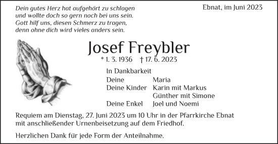 Traueranzeige von Josef Freybler von Schwäbische Post
