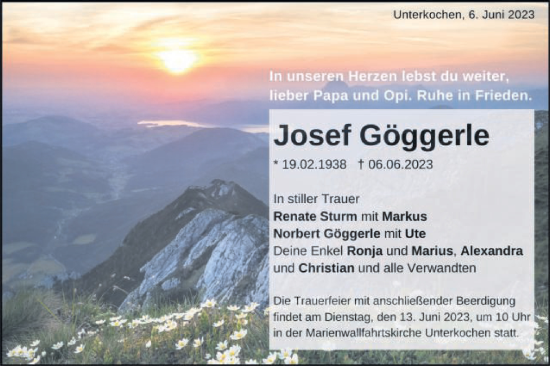 Traueranzeige von Josef Göggerle von Schwäbische Post