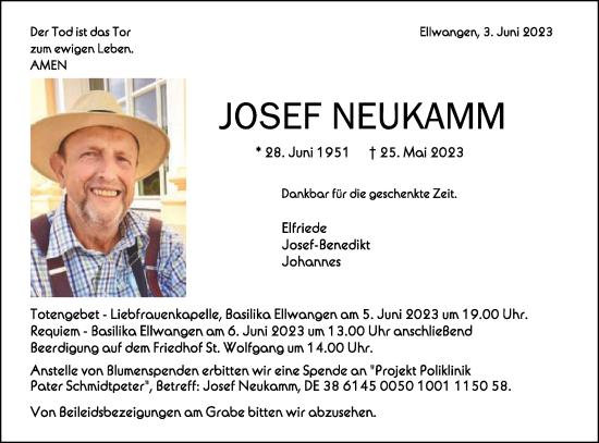 Traueranzeige von Josef Neukamm von Schwäbische Post