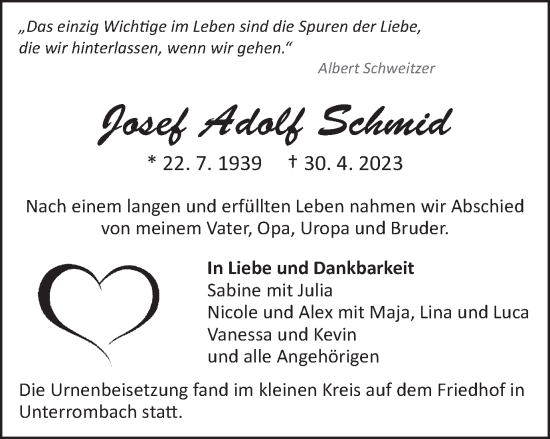 Traueranzeige von Josef Adolf Schmid von Schwäbische Post