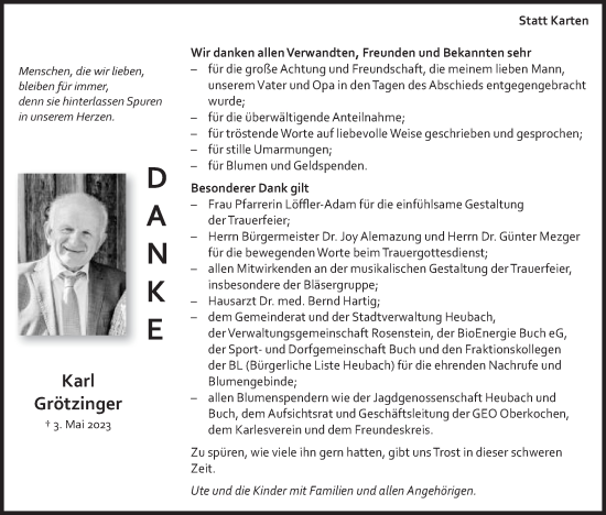 Traueranzeige von Karl Grötzinger von Gmünder Tagespost