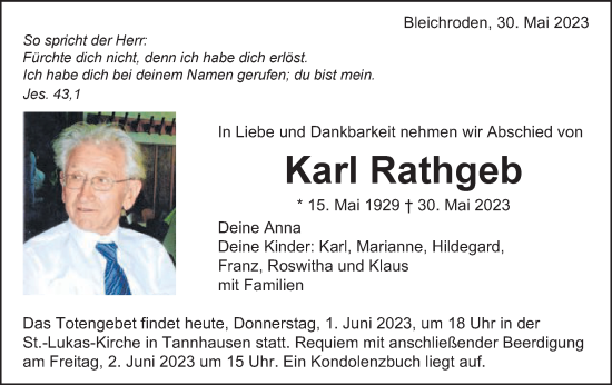 Traueranzeige von Karl Rathgeb von Schwäbische Post