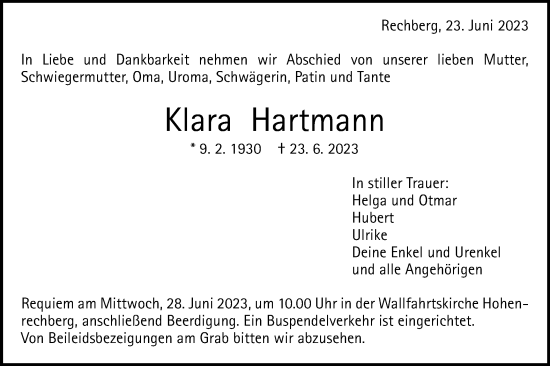 Traueranzeige von Klara Hartmann