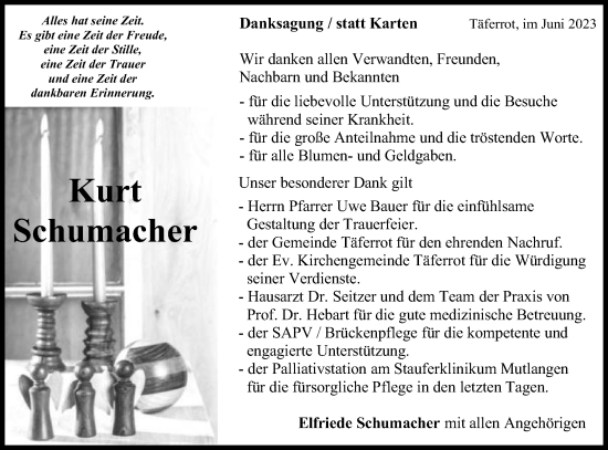 Traueranzeige von Kurt Schumacher von Gmünder Tagespost