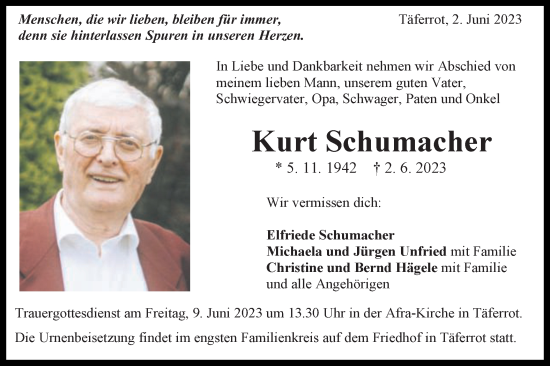 Traueranzeige von Kurt Schumacher von Gmünder Tagespost