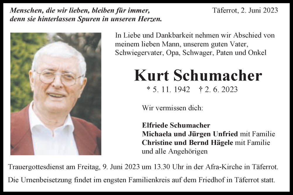 Traueranzeige für Kurt Schumacher vom 06.06.2023 aus Gmünder Tagespost