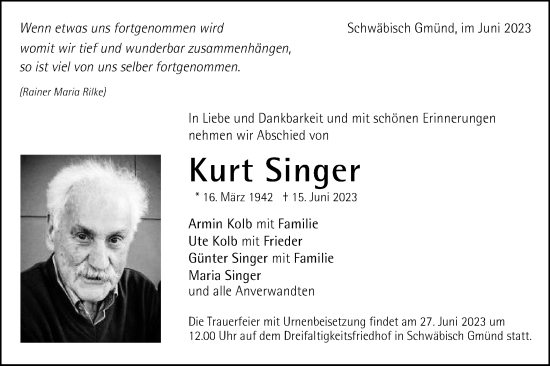 Traueranzeige von Kurt Singer von Gmünder Tagespost