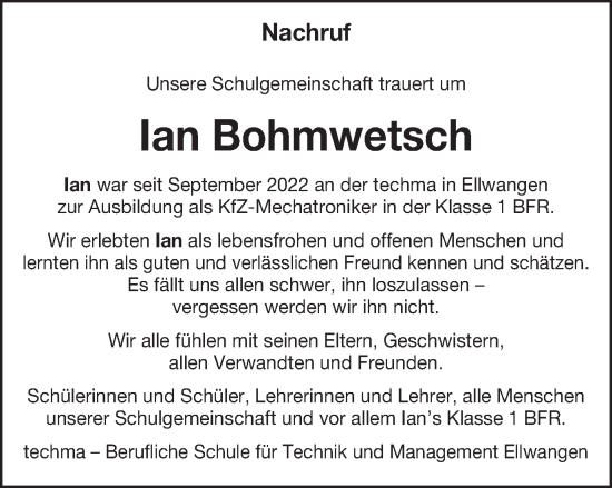 Traueranzeige von lan Bohmwetsch von Schwäbische Post