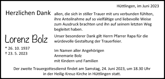 Traueranzeige von Lorenz Bolz von Schwäbische Post