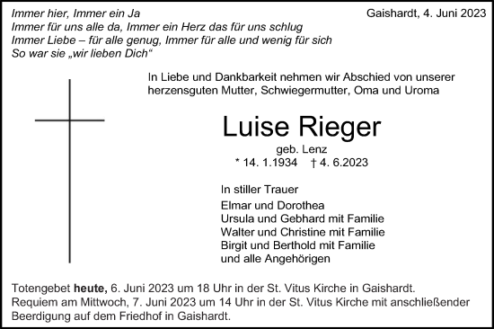 Traueranzeige von Luise Rieger von Schwäbische Post