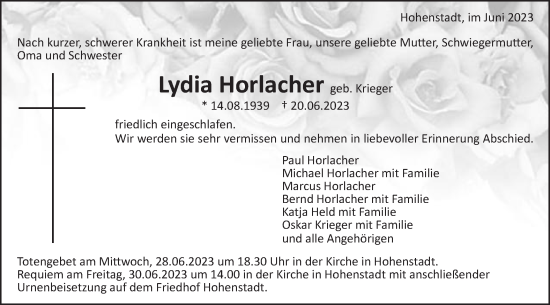 Traueranzeige von Lydia Horlacher von Schwäbische Post