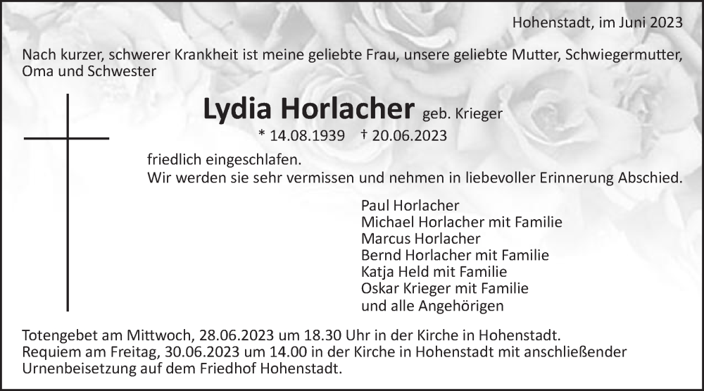  Traueranzeige für Lydia Horlacher vom 24.06.2023 aus Schwäbische Post