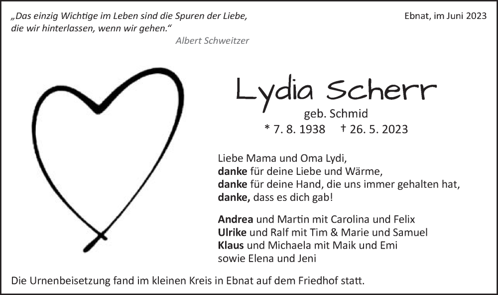  Traueranzeige für Lydia Scherr vom 03.06.2023 aus Schwäbische Post