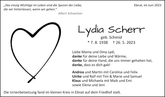 Traueranzeige von Lydia Scherr von Schwäbische Post