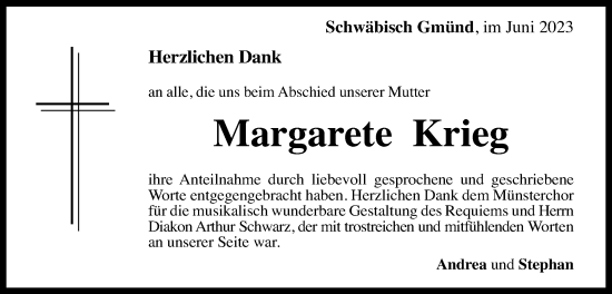 Traueranzeige von Margarete Krieg von Gmünder Tagespost