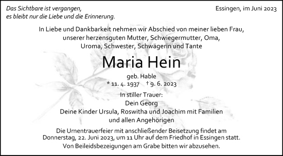 Traueranzeige von Maria Hein von Gmünder Tagespost