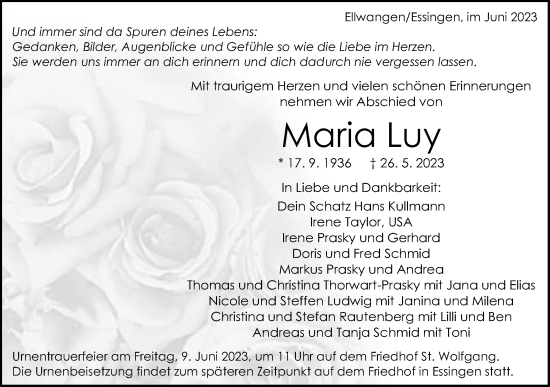 Traueranzeige von Maria Luy von Schwäbische Post