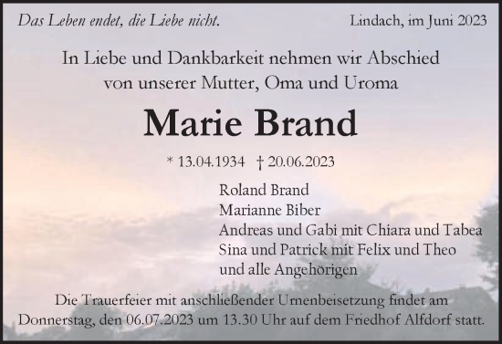 Traueranzeige von Marie Brand von Gmünder Tagespost