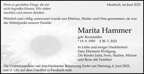 Traueranzeige von Marita Hammer von Gmünder Tagespost